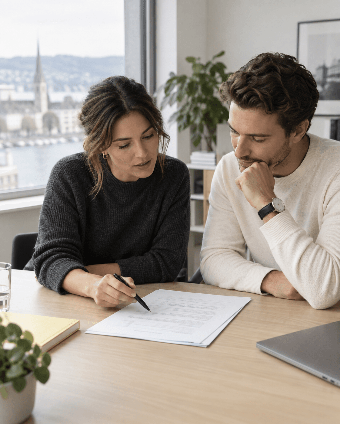 Two colleagues reviewing a document at a desk